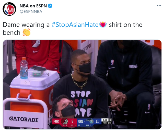NBA球星穿写有"停止仇恨亚裔"T恤 林书豪：感谢！